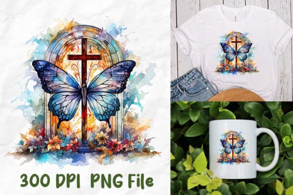 Jesus Stained Glass Art Butterfly Cross for T-Shirt Designs